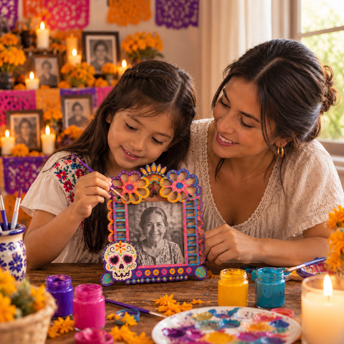 Marco de Ofrenda Día de Muertos colocado en un altar, personalizado a mano con pinturas de colores