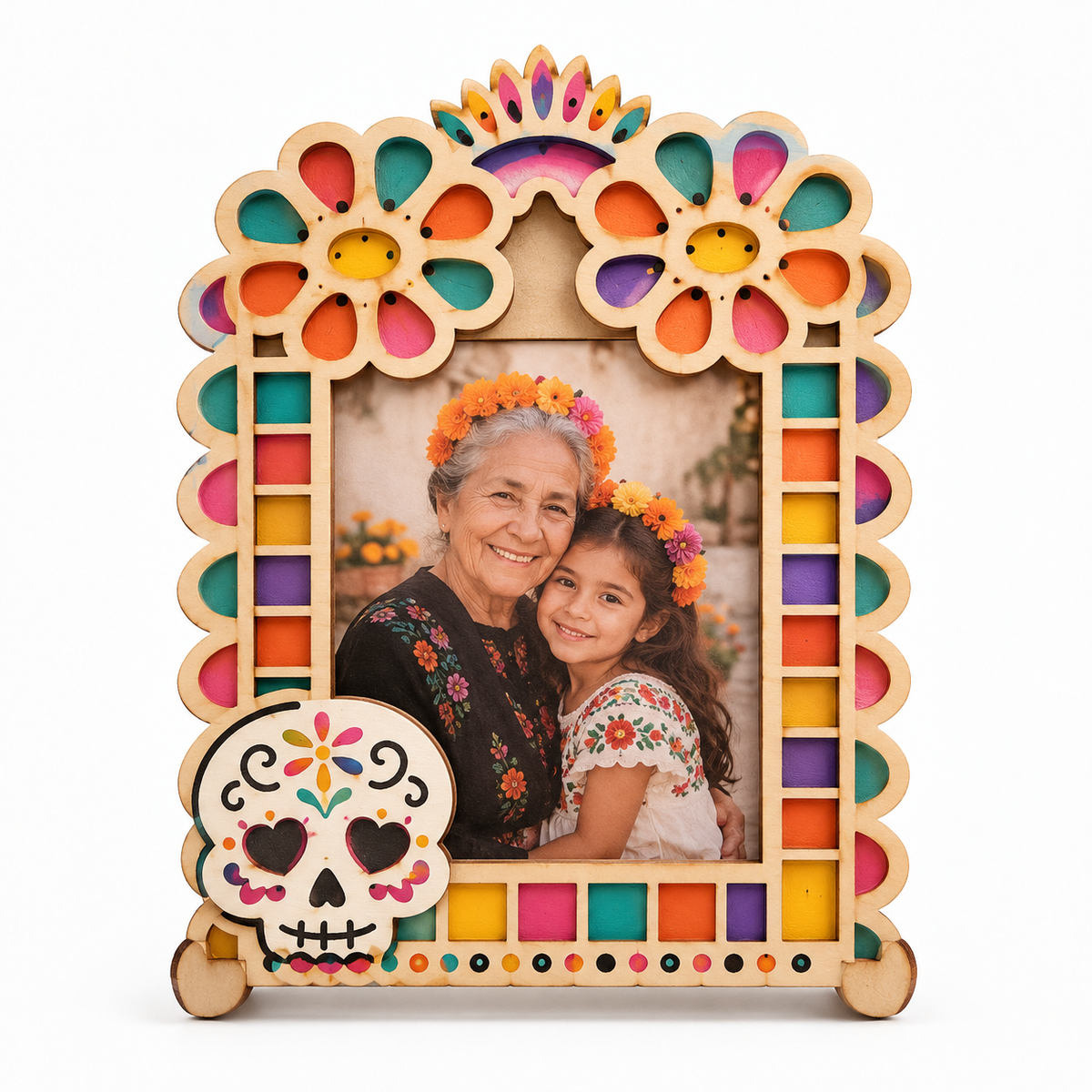 Marco de Ofrenda Día de Muertos para pintar, madera MDF cruda con flores y calavera decorativa